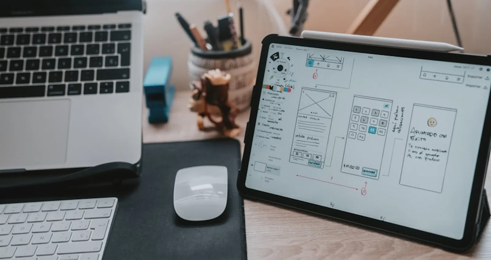Tablet showing UX wireframes and user flow sketches